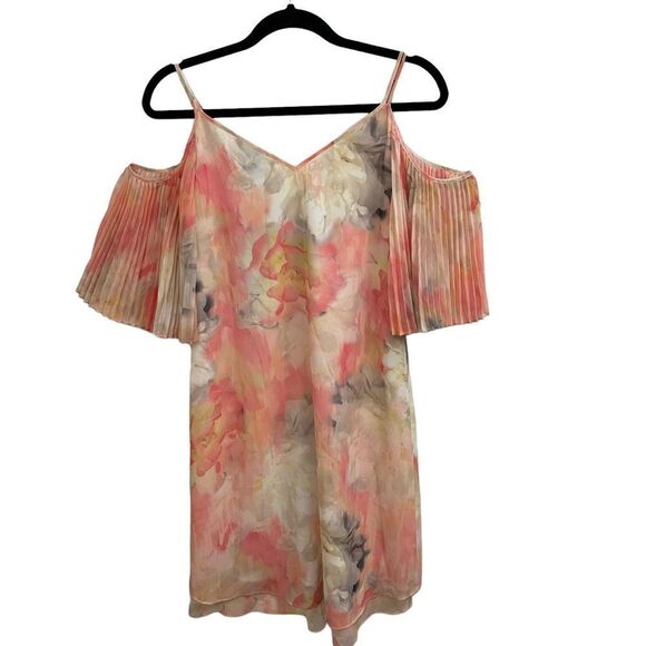 WHITE HOUSE BLACK MARKET COLD SHOULDER WATERCOLOR DRESS ECRU PEACH SZ 00 NWT - Picture 3 of 10
